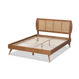 Baxton Studio Asami Mid-Century Modern Walnut Brown Finished Wood and Synthetic Rattan Full Size Platform Bed