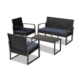 Baxton Studio Greta Modern and Contemporary Dark Blue Fabric Upholstered and Black Finished Metal and Synthetic Rattan 4-Piece Patio Set