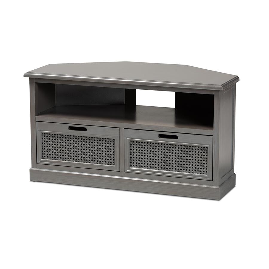 Baxton Studio Sheldon Modern and Contemporary Vintage Grey Finished Wood and Synthetic Rattan 2-Drawer Corner TV Stand