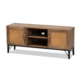 Baxton Studio Veanna Bohemian Natural Brown Finished Wood and Black Metal 2-Door TV Stand with Synthetic Rattan