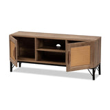 Baxton Studio Veanna Bohemian Natural Brown Finished Wood and Black Metal 2-Door TV Stand with Synthetic Rattan