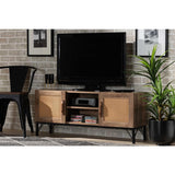 Baxton Studio Veanna Bohemian Natural Brown Finished Wood and Black Metal 2-Door TV Stand with Synthetic Rattan