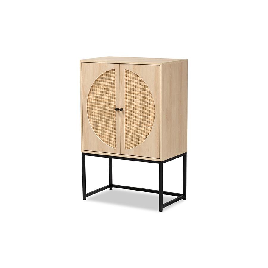 Baxton Studio Ardon Bohemian Light Brown Finished Wood and Black Metal 2-Door Storage Cabinet with Natural Rattan