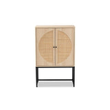 Baxton Studio Ardon Bohemian Light Brown Finished Wood and Black Metal 2-Door Storage Cabinet with Natural Rattan