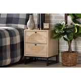 Baxton Studio Ardon Bohemian Light Brown Finished Wood and Black Metal 1-Drawer Nightstand with Natural Rattan