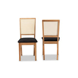 Baxton Studio Idris Mid-Century Modern Black Fabric Upholstered and Oak brown Finished 2-Piece Rattan Dining Chair Set