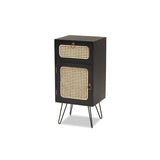 Baxton Studio Davion Mid-Century Modern Espresso Brown Finished Wood and Black Metal 1-Drawer End Table with Rattan