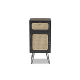 Baxton Studio Davion Mid-Century Modern Espresso Brown Finished Wood and Black Metal 1-Drawer End Table with Rattan