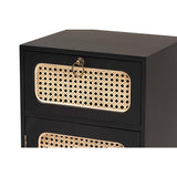 Baxton Studio Davion Mid-Century Modern Espresso Brown Finished Wood and Black Metal 1-Drawer End Table with Rattan