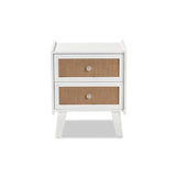 Baxton Studio Balta Mid-Century Modern Transitional Oak Brown Rattan and White Finished Wood 2-Drawer Nightstand