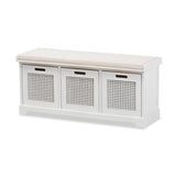 Baxton Studio Tabor Modern and Contemporary Beige Fabric Upholstered and White Finished Wood 3-Basket Storage Bench with Rattan Accent