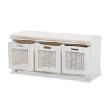 Baxton Studio Tabor Modern and Contemporary Beige Fabric Upholstered and White Finished Wood 3-Basket Storage Bench with Rattan Accent
