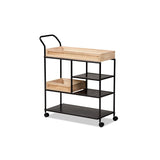 Baxton Studio Calais Modern Industrial Oak Brown Finished Wood and Black Metal Mobile Kitchen Cart with Rattan