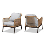 Baxton Studio Endecott Modern and Contemporary Grey Fabric Upholstered and Brown Synthetic Rattan 2-Piece Patio Chair Set