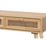 Baxton Studio Maclean Mid-Century Modern Rattan and Natural Brown Finished Wood 2-Drawer Console Table
