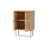 Baxton Studio Maclean Mid-Century Modern Rattan and Natural Brown Finished Wood 2-Door Storage Cabinet