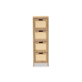 Baxton Studio Paolo Mid-Century Modern Natural Brown Finished Wood and Rattan 4-Drawer Storage Unit