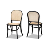 Baxton Studio Cambree Mid-Century Modern Brown Woven Rattan and Black Wood 2-Piece Cane Dining Chair Set