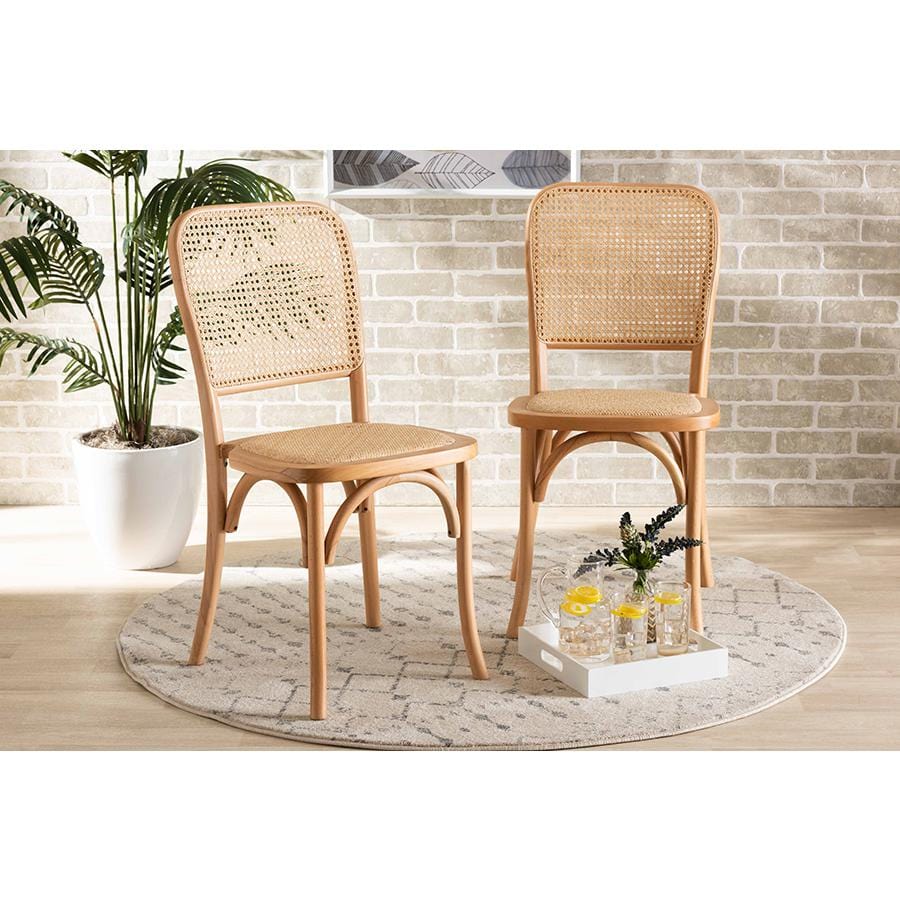 Baxton Studio Neah Mid-Century Modern Brown Woven Rattan and Wood 2-Piece Cane Dining Chair Set