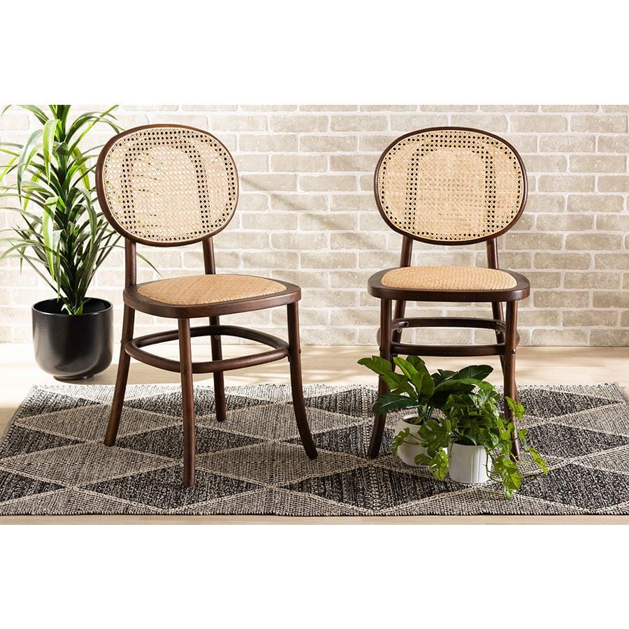 Baxton Studio Garold Mid-Century Modern Brown Woven Rattan and Walnut Brown Wood 2-Piece Cane Dining Chair Set