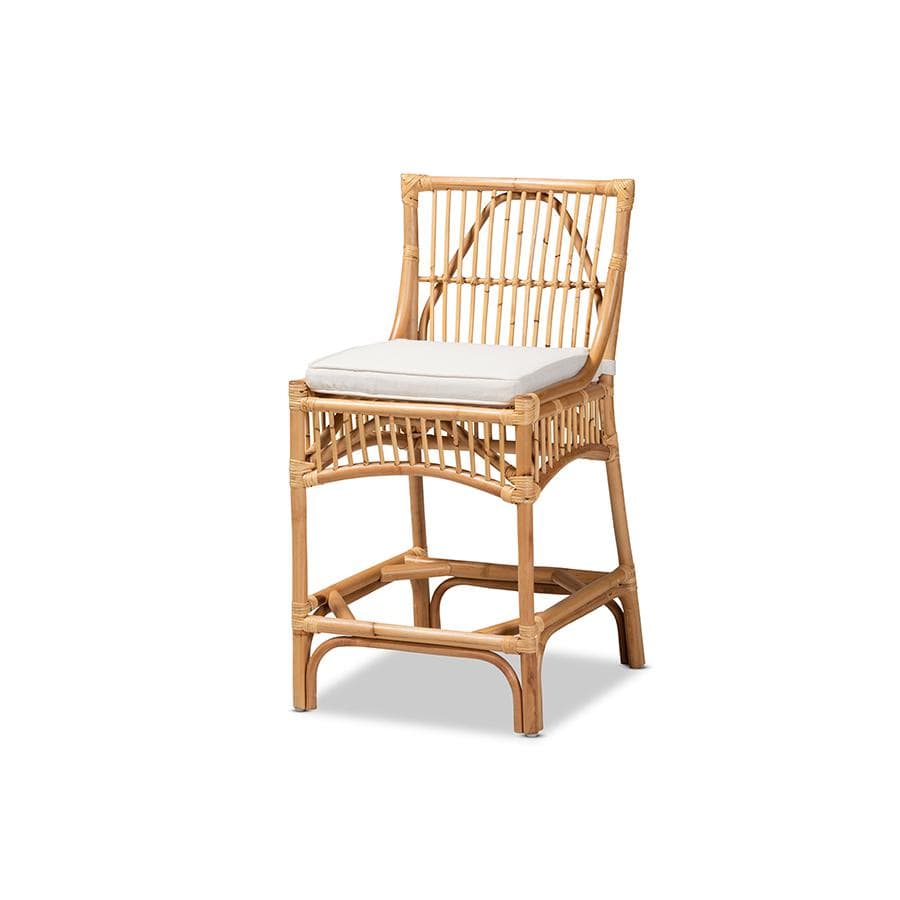 Baxton Studio Rose Modern Bohemian White Fabric Upholstered and Natural Brown Rattan Counter Stool