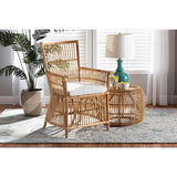 Baxton Studio Rose Modern Bohemian White Fabric Upholstered and Natural Brown Rattan Armchair