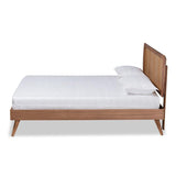 Baxton Studio Asami Mid-Century Modern Walnut Brown Finished Wood and Synthetic Rattan Queen Size Platform Bed