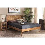 Baxton Studio Asami Mid-Century Modern Walnut Brown Finished Wood and Synthetic Rattan Queen Size Platform Bed