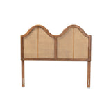 Hazel Vintage Classic and Traditional Ash Walnut Finished Wood and Synthetic Rattan Queen Size Arched Headboard