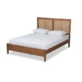 Baxton Studio Redmond Mid-Century Modern Walnut Brown Finished Wood and Synthetic Rattan King Size Platform Bed