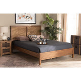 Baxton Studio Redmond Mid-Century Modern Walnut Brown Finished Wood and Synthetic Rattan King Size Platform Bed