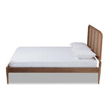 Baxton Studio Elston Mid-Century Modern Walnut Brown Finished Wood and Synthetic Rattan Queen Size Platform Bed