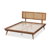 Baxton Studio Nura Mid-Century Modern Walnut Brown Finished Wood and Synthetic Rattan King Size Platform Bed