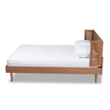 Baxton Studio Rina Mid-Century Modern Ash Wanut Finished Wood and Synthetic Rattan King Size Platform Bed with Wrap-Around Headboard