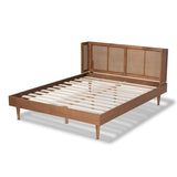 Baxton Studio Rina Mid-Century Modern Ash Wanut Finished Wood and Synthetic Rattan King Size Platform Bed with Wrap-Around Headboard