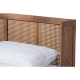 Baxton Studio Rina Mid-Century Modern Ash Wanut Finished Wood and Synthetic Rattan King Size Platform Bed with Wrap-Around Headboard