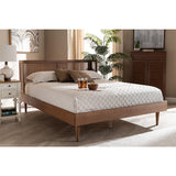 Baxton Studio Rina Mid-Century Modern Ash Wanut Finished Wood and Synthetic Rattan King Size Platform Bed with Wrap-Around Headboard