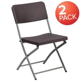 2 Pack HERCULES Series Brown Rattan Plastic Folding Chair with Gray Frame
