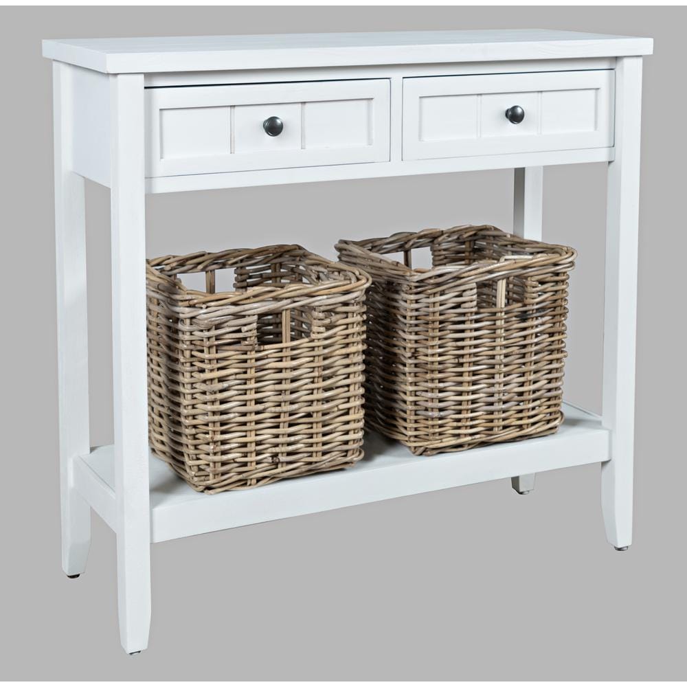Glen Cove 32" Two Drawer Console Table with Rattan Storage Baskets in Alabaster White