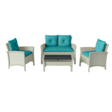 Cascade 4pc Distressed Grey Resin Rattan Wicker Patio Set with Blue Cushions