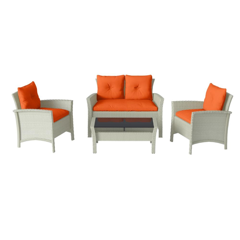 Cascade 4pc Distressed Grey Resin Rattan Wicker Patio Set with Orange Cushions