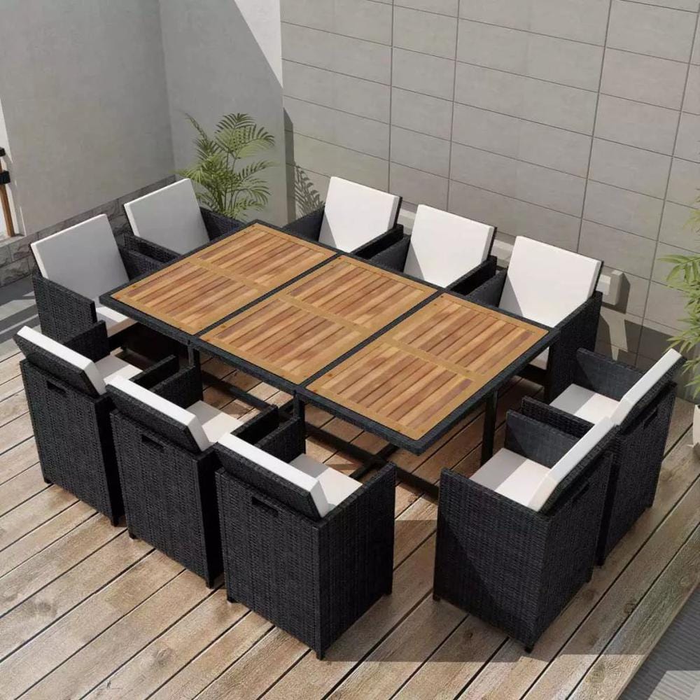 vidaXL 11 Piece Outdoor Dining Set with Cushions Poly Rattan Black, 42550