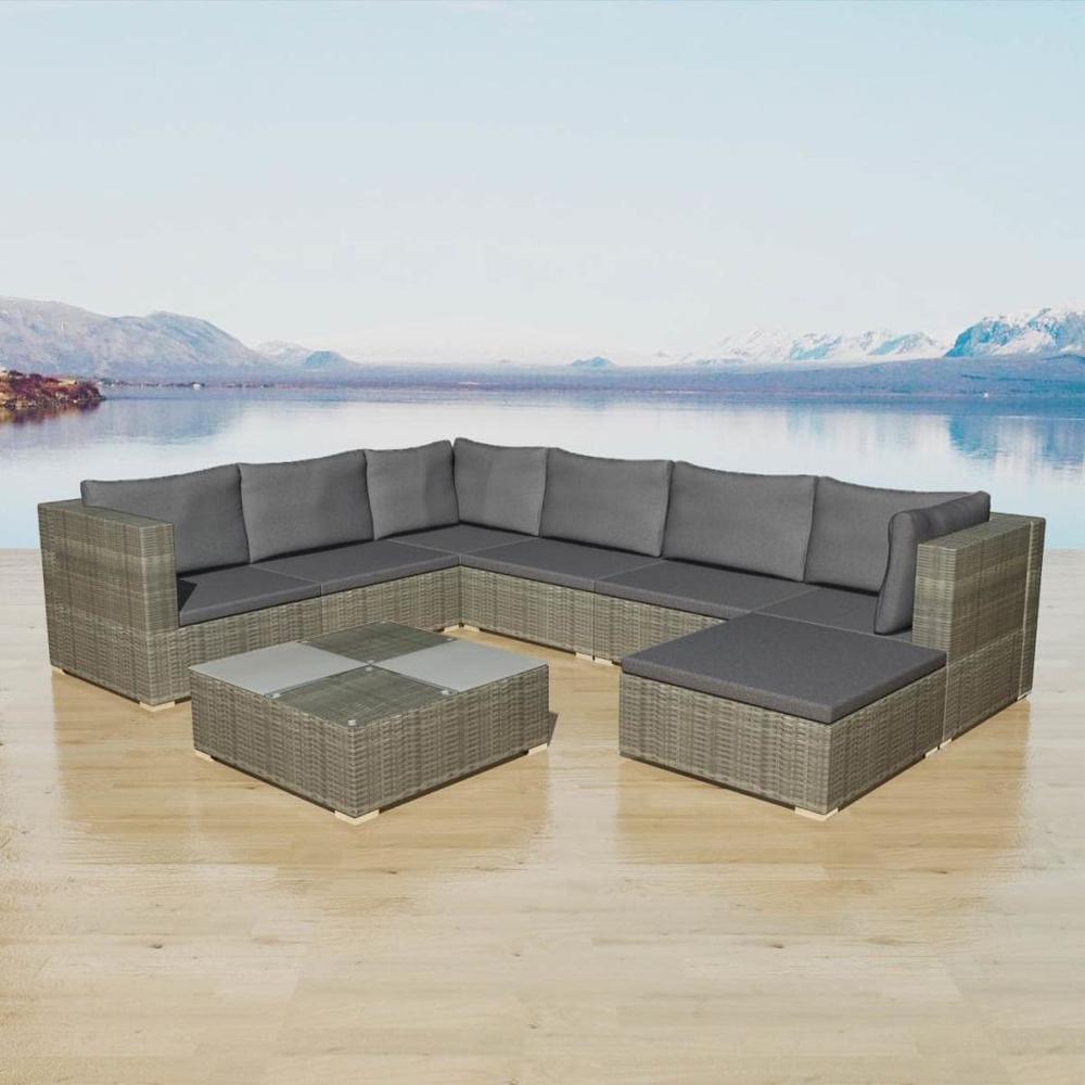 vidaXL 8 Piece Garden Lounge Set with Cushions Poly Rattan Gray, 42837