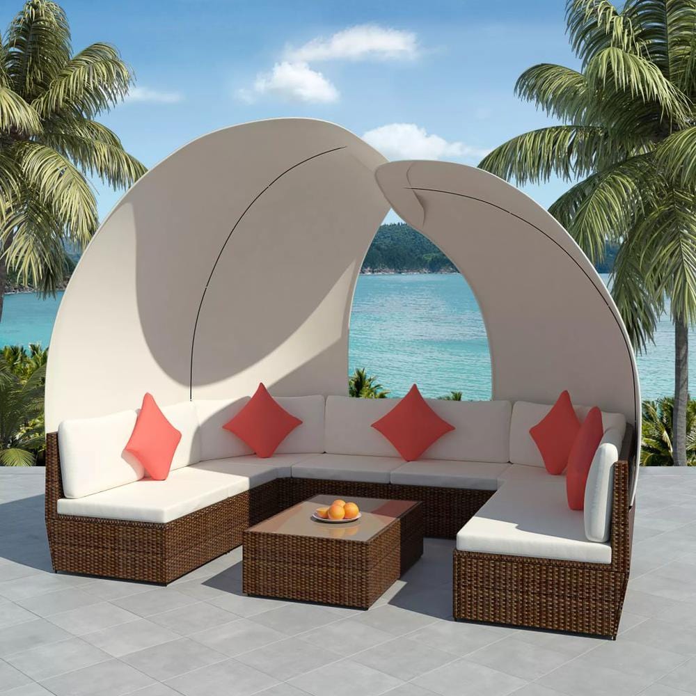 vidaXL 9 Piece Garden Lounge Set with Canopies Poly Rattan Brown, 42841