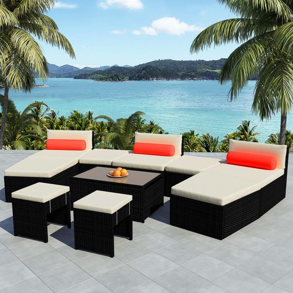 vidaXL 10 Piece Garden Lounge Set with Cushions Poly Rattan Black, 42856