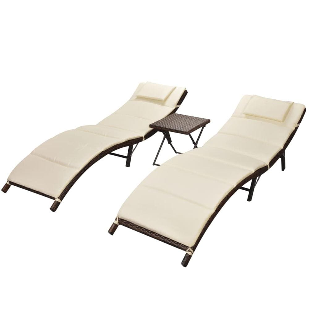 vidaXL Folding Sun Loungers 2 pcs with Table Poly Rattan Brown, 42859