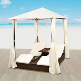 vidaXL Double Sun Lounger with Curtains Poly Rattan Brown, 42890