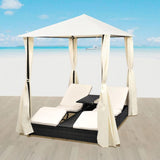 vidaXL Double Sun Lounger with Curtains Poly Rattan Black, 42891