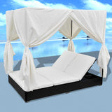 vidaXL Outdoor Lounge Bed with Curtains Poly Rattan Black, 42948