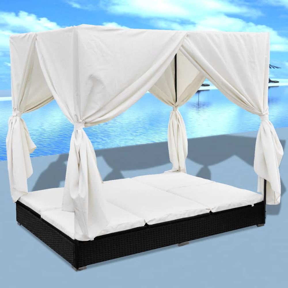 vidaXL Outdoor Lounge Bed with Curtains Poly Rattan Black, 42948